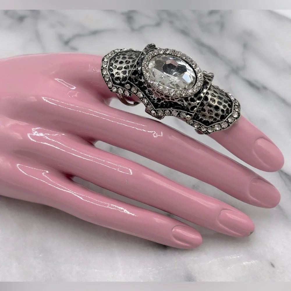 Antique Silver Tone & Crystal‎ FINGER Knuckle Ring